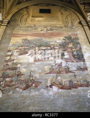History of Spain. 16th century. Campaign in North Africa and the Mediterranean against the Turks and their allies. Led by Alvaro de Bazan (1526-1588), first Marquis of Santa Cruz. Fresco from the Palace of Santa Cruz. El Viso del Marques. Castile-La Mancha. Spain. Stock Photo