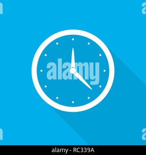 Clock icon with arrows in flat design. Vector illustration. White clock icon with long shadow on blue background. Stock Vector