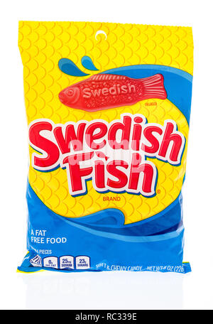 Winneconne, WI - 11 January 2019:  A bag of Swedish Fish candy on an isolated background. Stock Photo
