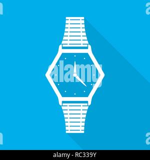 Wristwatch icon with arrows in flat design. Vector illustration. White wristwatch icon with long shadow on blue background. Stock Vector
