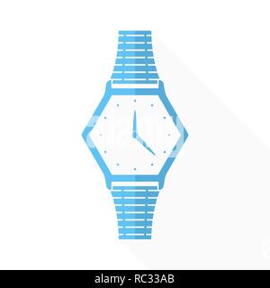 Wristwatch icon with arrows in flat design. Vector illustration. Blue wristwatch icon with long shadow on white background. Stock Vector