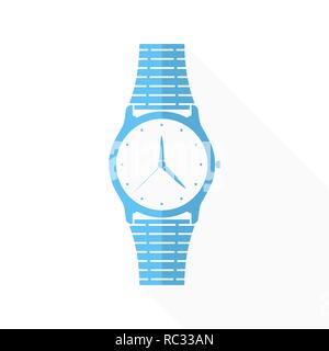Wristwatch icon with arrows in flat design. Vector illustration. Blue wristwatch icon with long shadow on white background. Stock Vector