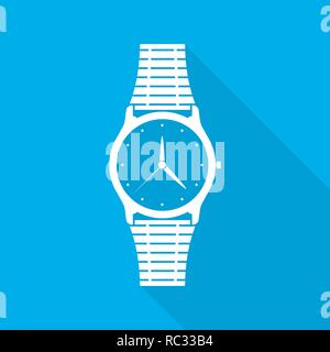 Wristwatch icon with arrows in flat design. Vector illustration. White wristwatch icon with long shadow on blue background. Stock Vector