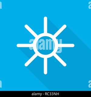 White sun icon in flat design. Vector illustration. Symbol of the sun with long shadow on blue background. Stock Vector