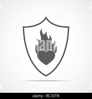 Heart on fire on the shield, isolated on light background. Heart in flame, in flat design. Vector illustration Stock Vector