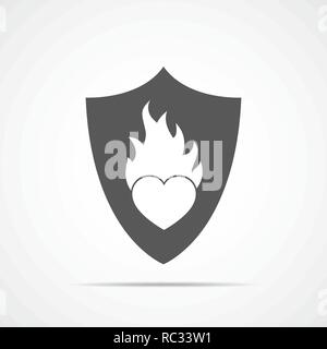 Heart on fire on the shield, isolated on light background. Heart in flame, in flat design. Vector illustration Stock Vector