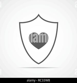 Shield with heart in flat design. Vector illustration. Shield with heart, isolated on light background. Stock Vector