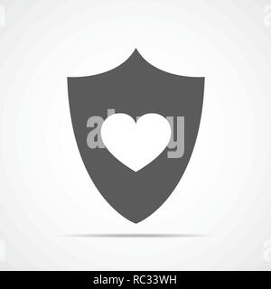 Shield with heart in flat design. Vector illustration. Shield with heart, isolated on light background. Stock Vector