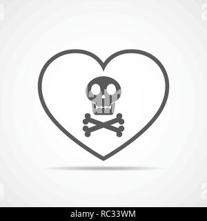 Heart with human skull in flat design. Vector illustration. Gray heart and skull, isolated on light background. Stock Vector