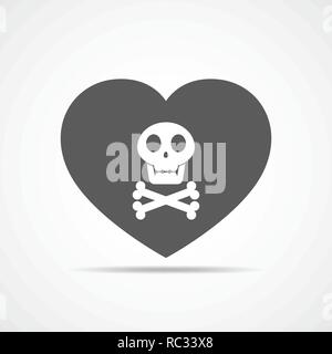 Heart with human skull in flat design. Vector illustration. Gray heart and skull, isolated on light background. Stock Vector