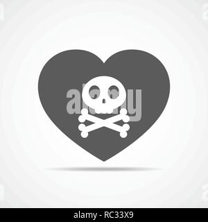 Heart with human skull in flat design. Vector illustration. Gray heart and skull, isolated on light background. Stock Vector