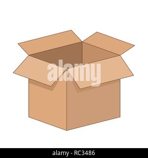 Open cartoon flat cardboard box on white background. Stock Vector