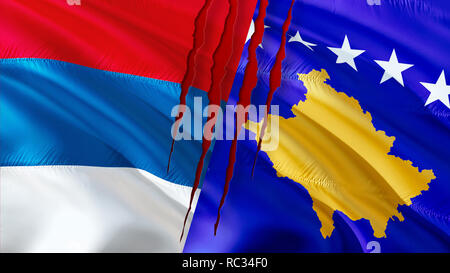 Serbia and Kosovo flags with scar concept. Waving flag design,3D rendering. Serbia Kosovo flag pictures, wallpaper image. Serbian Kosovar relations wa Stock Photo