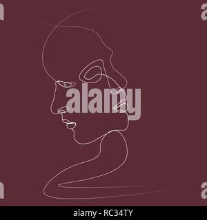 Two people silhouettes drawn with one line. Simple vector illustration. Separate on a colored background. Stock Vector