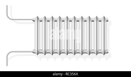 Cast-iron central heating radiator in the apartment. White radiator on the wall. Realistic look.Copy space. Stock Vector