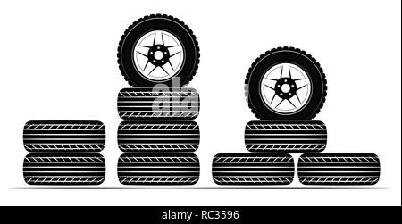 Wheels and tires are black. For a logo or emblem of a tire store or car workshop. For tire fitting Stock Vector