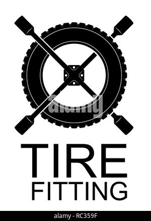 Logo for tire fitting, car service or tire shop. Black simple emblem of the tire and the spanner Stock Vector