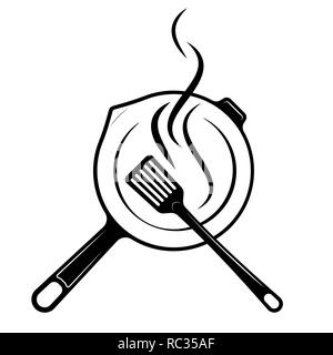 Logo for the menu or restaurant. Frying pan and shovel for frying. Black-and-white drawing Stock Vector