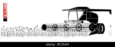 Harvester collecting grain in the field. A simple black outline. For an article on agriculture. Copy space. Stock Vector