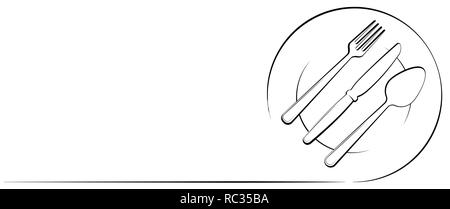 Abstract logo of a cafe or restaurant. A spoon, knife and fork on a plate. A simple out line. Black outline Stock Vector