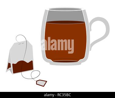 Glass mug with tea. A bag of tea next to me. Simple lines and drawing Stock Vector