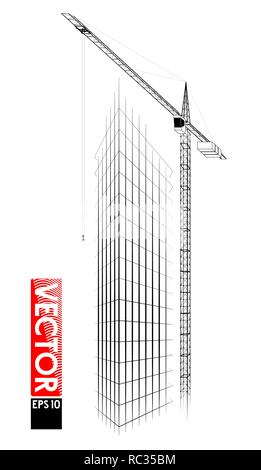 High tower crane at the construction site. Lifting loads up. The building of a high-rise building. Very detailed traced mechanism Stock Vector