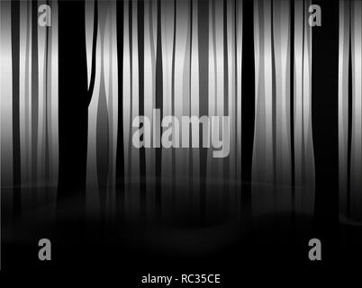 Mystical black forest with fog and smoke. Black and white fairy background. Copy space. Stock Vector