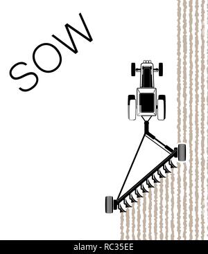 The tractor plows the field before sowing. Spring or autumn field work. Work on the farm. Copy space. Stock Vector