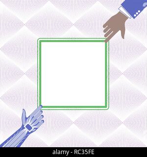 The hand of a person and a robot pointing to something. Technological or industrial background. Copy space. Stock Vector