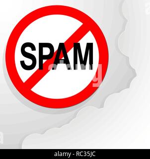 SPAM - round red warning sign. Background for illustration of articles and news about spam Stock Vector
