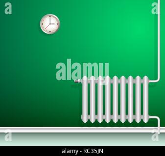White cast iron radiator on an turquoise wall. A realistic image. Copy space. Stock Vector