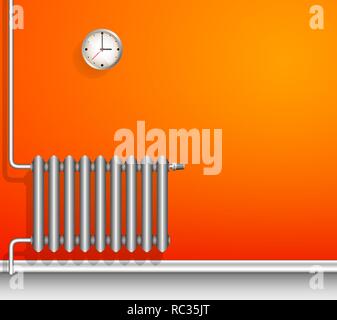 White cast iron radiator on an orange wall. A realistic image. Copy space. Stock Vector