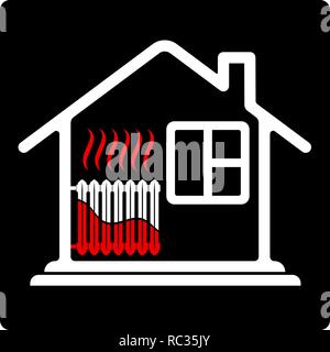 Logo house with radiator heating. Saving resources. High efficiency. High cost of heat. Black and red. Stock Vector