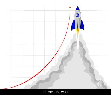 A rocket with bitcoin logo flying into space. Starting or starting an important project Stock Vector