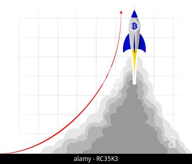 A rocket with bitcoin logo flying into space. Starting or starting an important project Stock Vector