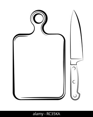 A sharp knife and a cutting board in the kitchen of the restaurant. Black and white logo blank. The process of cooking. Stock Vector