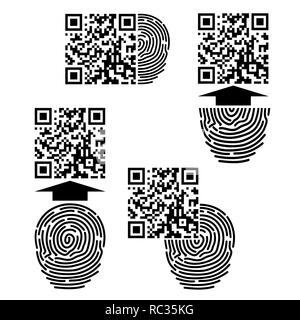 Vector black isolated fingerprint and QR code on white background Stock Vector