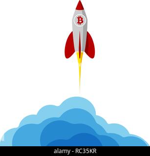 A rocket with bitcoin logo flying into space. Starting or starting an important project. The startup. Procurement for presentation. Stock Vector