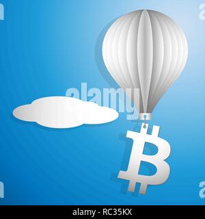 Bitcoin icon flying on a white paper balloon up. Increase in cost and price hike. Stock Vector