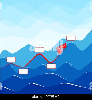 Infographics with growing indicators in the form of a ship on waves. Graph of growth or increase in value. Stock Vector