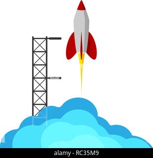 A rocket flying into space. Starting or starting an important project. The startup. Procurement for presentation. Stock Vector