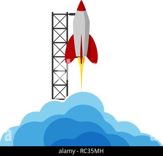 A rocket flying into space. Starting or starting an important project. The startup. Procurement for presentation. Stock Vector