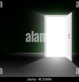 An open door in a dark room. A ray of light shines into the darkness. A bright way out. Stock Vector