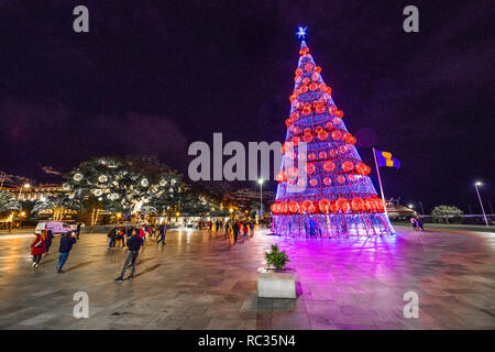 The large Christmas tree lights in Funchal, Madeira. Stock Photo