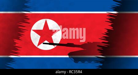Silhouettes of tanks against the background of the flag of North Korea. Military background. Conflict in Asia. Stock Vector