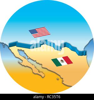 Usa and Mexico border map with national flags, vector illustration Stock Vector