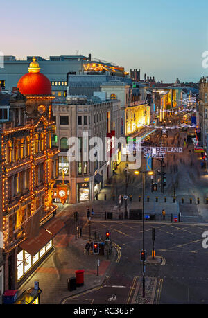 Northumberland Street at dusk at Christmas, Newcastle upon Tyne, North East England, England, United Kingdom Stock Photo