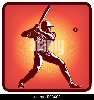 Graphics icon of baseball player with bat and ball. Vector illustration, red background Stock Vector