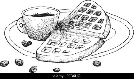 Hand drawn sketch of Belgian waffle bread. Vector drawing of Waffle ...