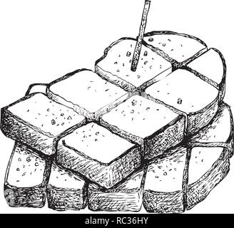 Snack and Dessert, Illustration Hand Drawn Sketch of Delicious Homemade Freshly Baked Bread or Toast Isolated on White Background. Stock Vector